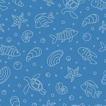 Seamless underwater pattern with marine creatures in outline style. Aquatic design featuring fish, turtles, starfish, and seashells. Ocean background with line texture, perfect for aquatic and marine vector
