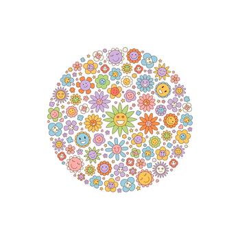 Groovy retro flower sticker circle cartoon with cute smiley faces and happy patch style icons. Colorful y2k and fun concept in a playful background for modern pop art themes. vector