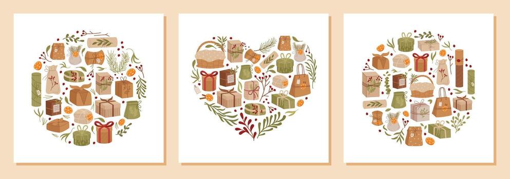 Heart design concept collection with kraft gift box in flat design style, present and ribbon decor with rustic package concept. Design combines graphic elements in a cohesive bundle, ideal for event vector