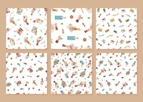 Seamless flat mail pattern set, envelope, letter, paper, postcard, stamp set. Pattern of correspondence, message elements and postal details. Set use for communication, stationery, background projects vector