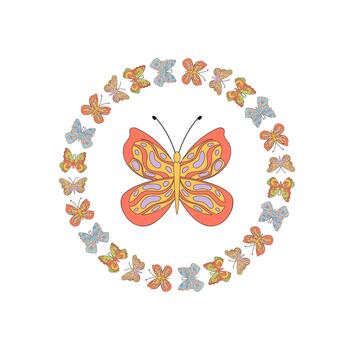 maravilloso retro mariposa modelo formas un vistoso circulo con frontera marco. miedoso flor Arte y y2k antecedentes combinar como vibrante popular estilo para creativo modelo usar. vector