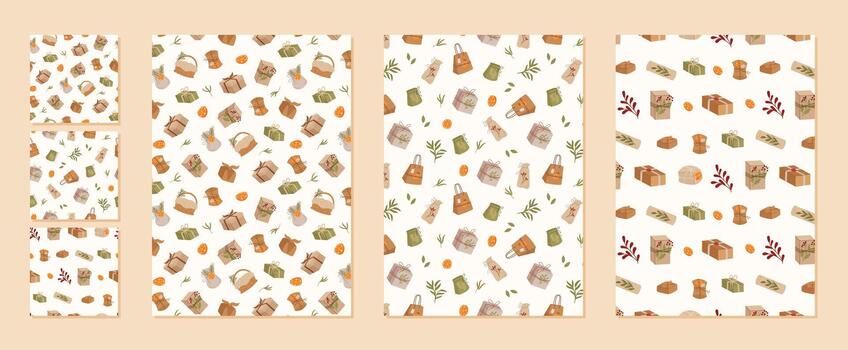 de moda arte regalo caja sin costura modelo en plano diseño estilo. Kraft papel paquete y presente repetir en esta recopilación, Perfecto para Navidad envase o fiesta antecedentes conceptos. vector