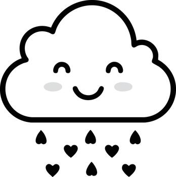 Smiling cloud raining heart shapes cute weather illustration with black outlines and simple design vector