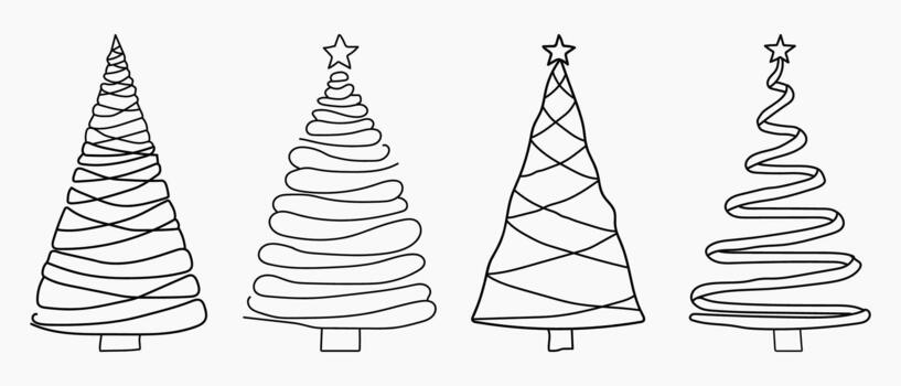 cuatro estilizado Navidad arboles dibujado con sencillo continuo líneas vector