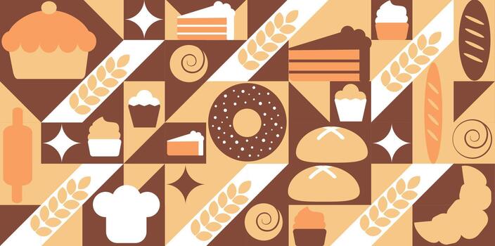 un pan y pasteles antecedentes. resumen panadería menú antecedentes con línea dibujo. geométrico modelo pan, cuerno, rosquilla. vector