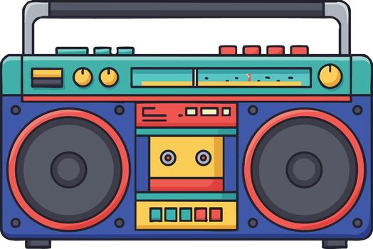 Retro boombox cassette player with colorful buttons and speakers illustration vector