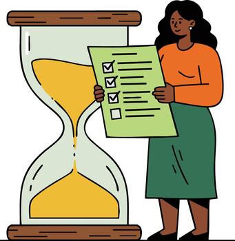 Woman holding checklist with large hourglass representing time management and task completion concepts illustration vector