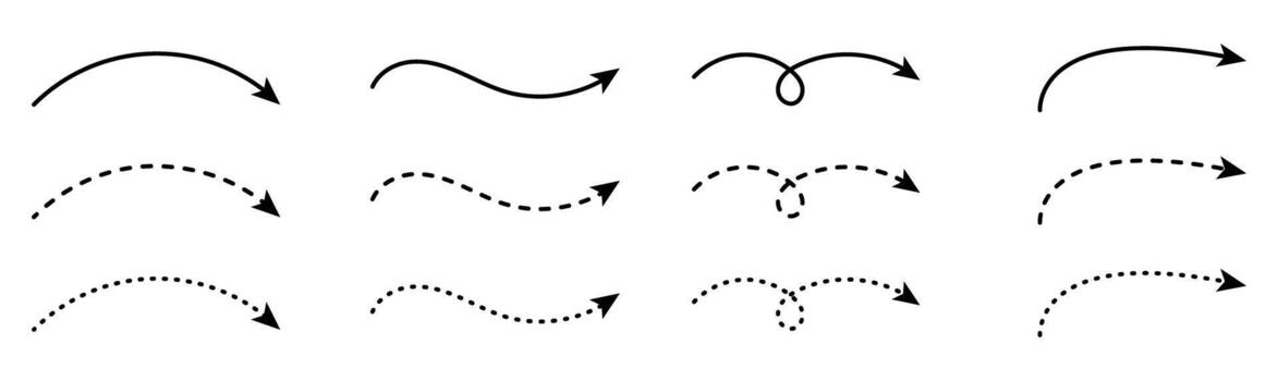 Curved Arrows Set - Smooth, Dashed, and Dotted Line Arrow Styles for Direction and Highlighting. vector