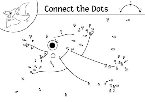 black and white dot-to-dot and color activity with pterosaur. Dinosaur connect the dots game, coloring page. What join the dot printable worksheet with pterodactyl. Prehistoric line puzzle vector