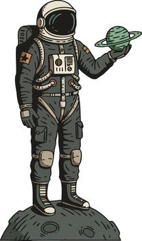 Astronaut holding green planet with rings standing on cratered surface in space exploration illustration vector