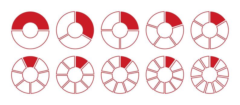 Graph icon pie, pizza shape section charts. Circles red diagram divided 2, 3, 10, 7, 8, 9, 10, 11 equal parts. Coaching blank template. Set of segments red wheel round divide infographic. vector