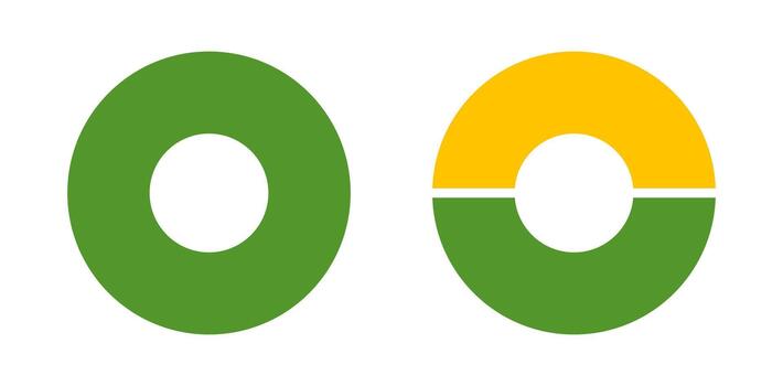 Multicolored donut charts, pies segmented on from 1 to 2 equal parts. Multicoloured diagram infographics. Circle section graph. Loading bar mockup. Pie, pizza chart layout. Wheels divided in sections. vector