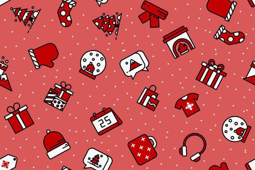 Line filled colourful Winter icon seamless pattern red background. Christmas backdrop pattern. vector