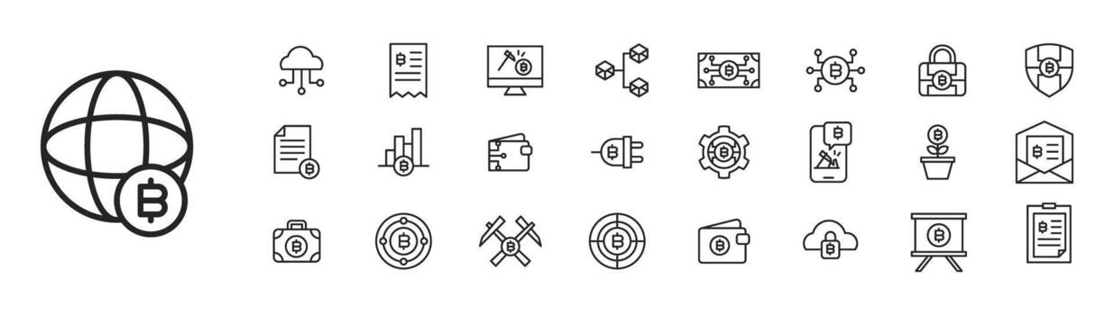 Icon Collection Cryptocurrency system include cloud security mining etc. Line or outline style symbol. vector