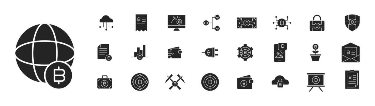 Icon Collection Cryptocurrency system include cloud security mining etc. Glyph or solid black symbol. vector