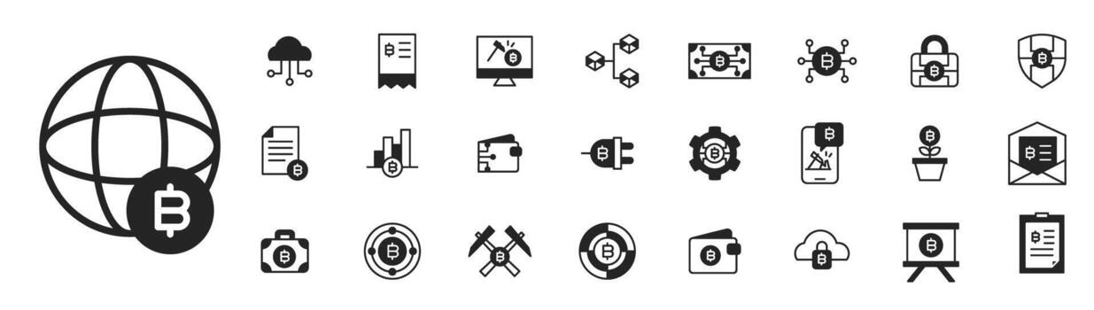 Icon Collection Cryptocurrency system include cloud security mining etc. Semi solid black symbol. vector