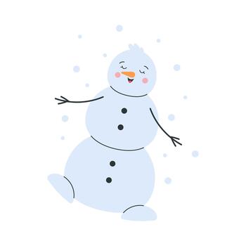 Snowman enjoying a carefree winter stroll among soft falling snow. Gentle pastel character with relaxed movement, warm expression and clean minimal shapes. vector