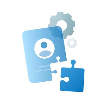 illustration of a user ID card with a puzzle piece cutout and gear icon, symbolizing complete profile, update personal data, account setup, and user information management vector