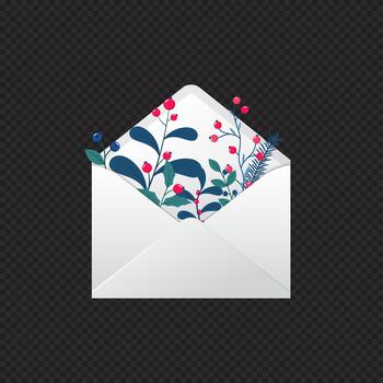 Winter holiday greeting card. Open envelope with leaves and berries. Envelope with branches and red berries. Winter plants. vector