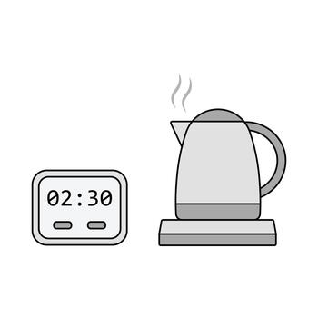 Kettle timer illustration. Kettle with small countdown timer beside it. Hot water boil tool icon. Brewing time helper graphic. Simple kettle timing display. vector