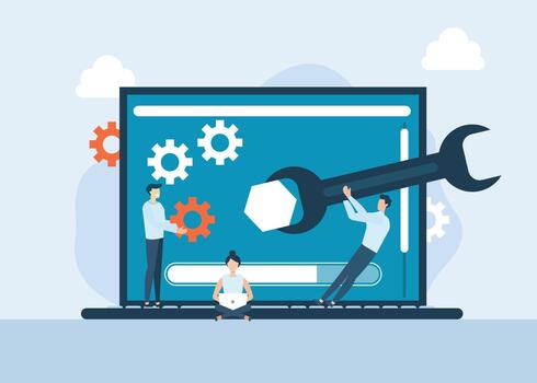 software actualizar en ordenador portátil con ilustración de varios personas trabajando en y reparando computadora portátil, alguien es pruebas en frente de ordenador portátil vector