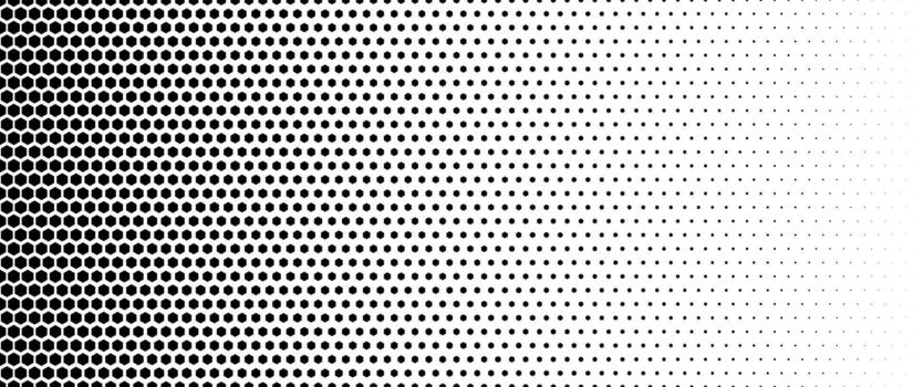 Black hexagon gradient texture. Fading honeycomb pattern background. Geometric hexagonal halftone tech overlay backdrop. Abstract grunge halfton wallpaper. Retro technology dot texure wallpaper vector
