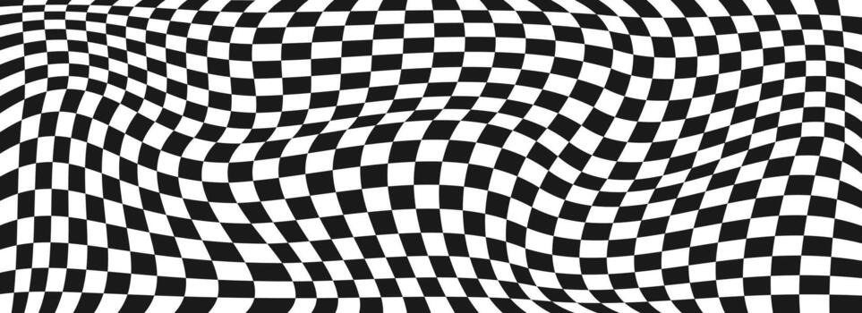 trippy tablero de damas antecedentes. retro psicodélico a cuadros fondo de pantalla. ondulado maravilloso tablero de ajedrez superficie. distorsionado geométrico cuadrícula ajedrez modelo. resumen blanco y negro carrera bandera fondo. vector