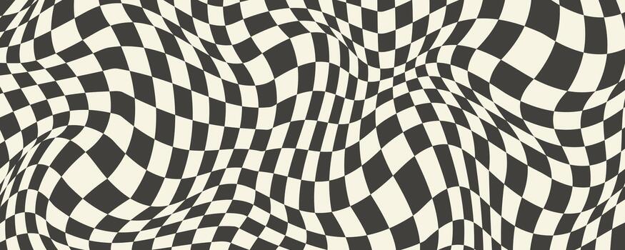 trippy tablero de damas antecedentes. retro psicodélico a cuadros fondo de pantalla. ondulado maravilloso tablero de ajedrez superficie. distorsionado geométrico cuadrícula ajedrez modelo. resumen antiguo carrera bandera ola fondo vector