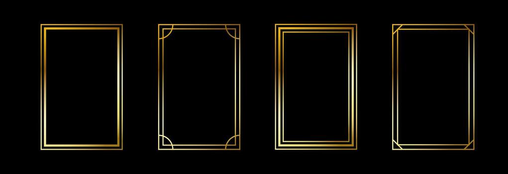 Gold thin rectangle frame set. Shining golden squared borders in art deco style. Thin linear rectangular cadre collection. Glowing shiny boarder element pack for photo, poster, tarot card vector