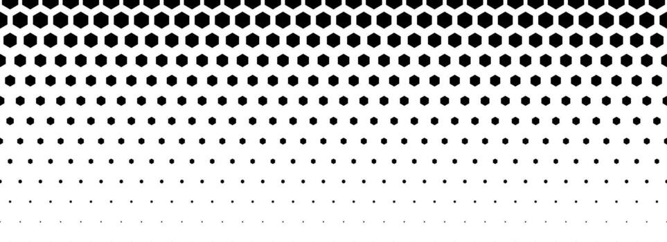 Black hexagon gradient texture. Fading honeycomb pattern background. Geometric hexagonal halftone tech overlay backdrop. Abstract grunge halfton wallpaper. Retro technology dot texure vector