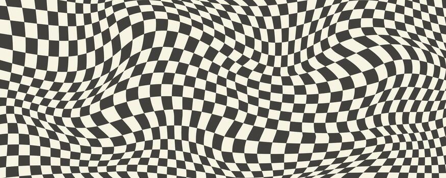 Trippy checkerboard background. Retro psychedelic checkered wallpaper. Wavy groovy chessboard surface. Distorted geometric grid chess pattern. Abstract old race flag backdrop. vector