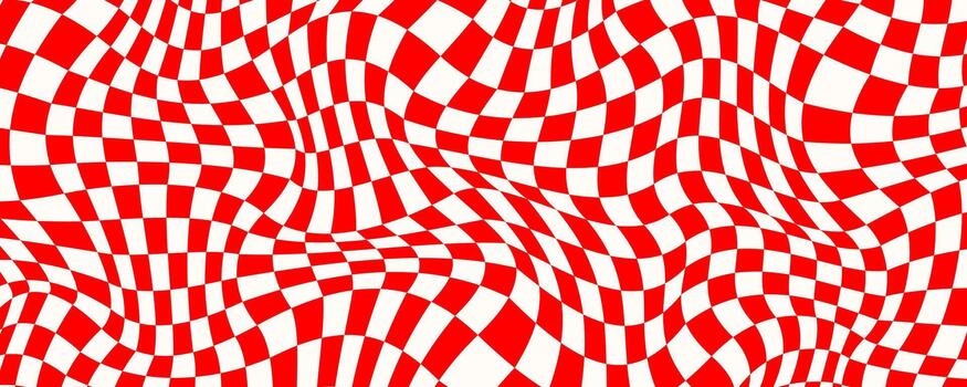 rojo trippy tablero de damas antecedentes. retro psicodélico a cuadros fondo de pantalla. ondulado maravilloso tablero de ajedrez superficie. distorsionado geométrico cuadrícula ajedrez modelo. resumen rojo y blanco carrera bandera fondo. vector