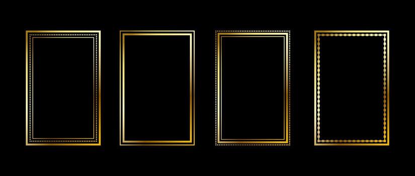 Gold thin rectangle frame set. Shining golden square borders in art deco style. Thin linear rectangular cadre collection. Yellow glowing shiny boarder shape pack for photo, poster, tarot card vector