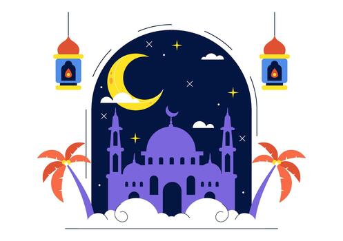 Heavenly Journey Depiction With Symbolic Mosque Patterns And Lantern Motifs Emphasizing Sacred Isra Mi'raj Moment vector