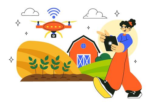 Smart Autonomous Farming Illustration Highlighting a Farmer Controlling Drone-Based Field Management vector
