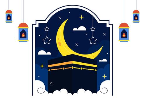 Prophetic Journey Scene Portraying Isra Mi'raj With Illuminated Mosque Structure And Decorative Lanterns In Stylized Islamic Art vector