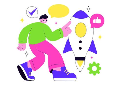 Digital Expansion Illustration With Rocket Motion Representing Professional Evolution On Flat Theme vector