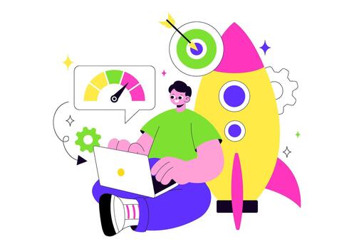 Digital Growth Illustration Featuring Rocket Acceleration For Corporate Progress On A Modern Flat Background vector