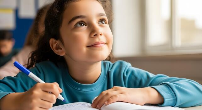 Girl writing in notebook with pen at desk in classroom elementary school while looking away with thoughtful expression on face photo