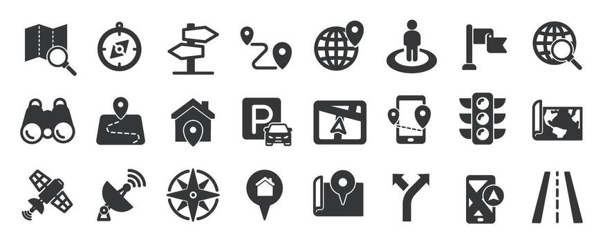 Navigation glyph solid icons collection. Containing GPS, map, location, route vector