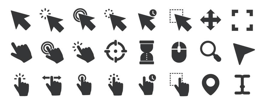 Cursor and pointer glyph solid icons collection. Containing content selection, mouse, click, swipe vector