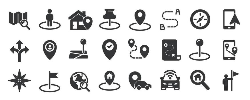 Navigation glyph solid icons collection. Containing GPS, map, location vector