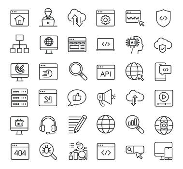 conjunto de colección línea íconos relacionado sitio web desarrollo. Perfecto píxel en transparente antecedentes vector