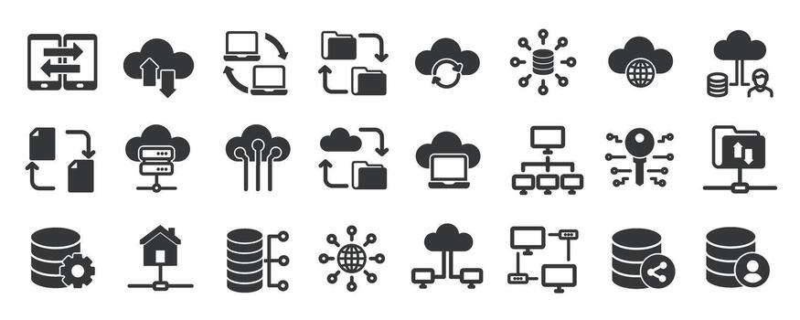 Database glyph solid icons collection. Containing clod, networking, data traffic, serve vector