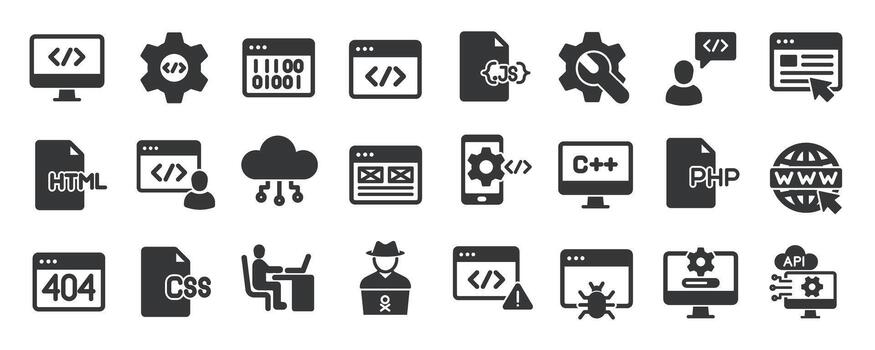 Programming glyph solid icons collection. Containing coding, binary, development, software, website vector