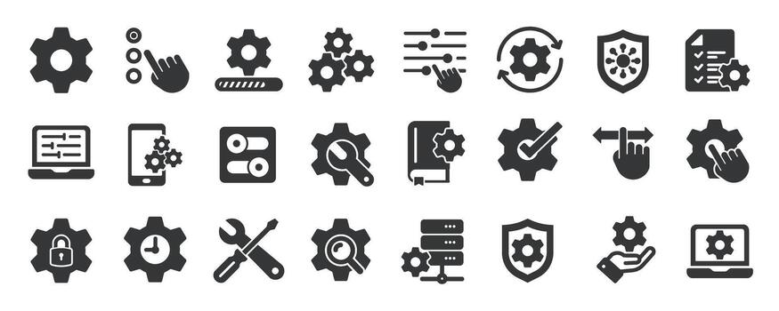 ajuste glifo sólido íconos recopilación. conteniendo configuración, configuración, actualizar, mantenimiento vector
