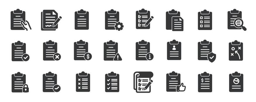 Clipboard glyph solid icons collection. Containing content report, document, exam, form vector