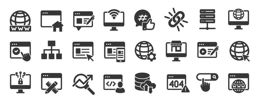 Web Programming glyph solid icons collection. Containing coding, binary, development, software, website vector