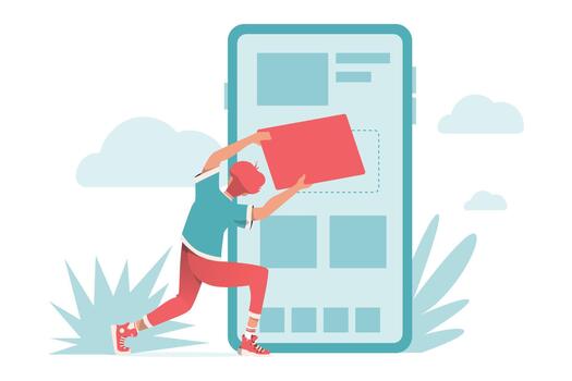Person adding content to smartphone vector