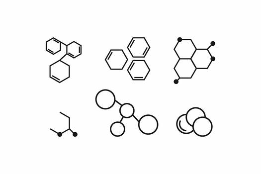 Minimalist molecule and chemical structure icon set for science, medicine, and biotechnology design. Editable graphics vector